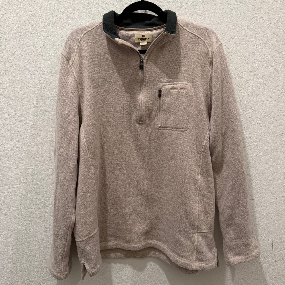 Woolrich Mens XL Quarter Zip Sweater Fleece Pullover Beige Heather Chest Pocket